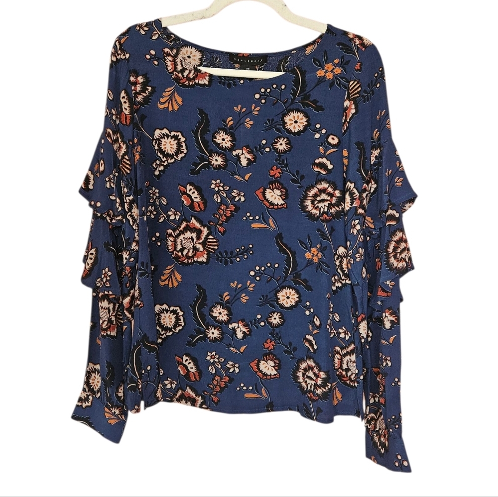 Sanctuary Tilly Flounce Sleeve Blouse, Oversized Size XS, Blue Life, NWT - Picture 3 of 10